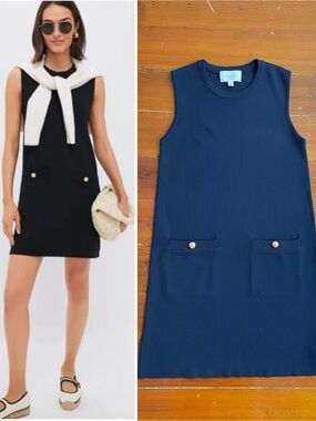 POMANDER PLACE TUCKERNUCK Malley Navy Knit Dress Gold Buttons Sz S 🧡🎀